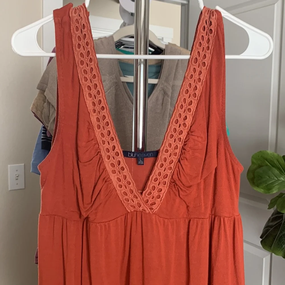 BlueHeaven babydoll rust color mini dress boho beach lace trim size Lg (juniors) - Picture 2 of 7